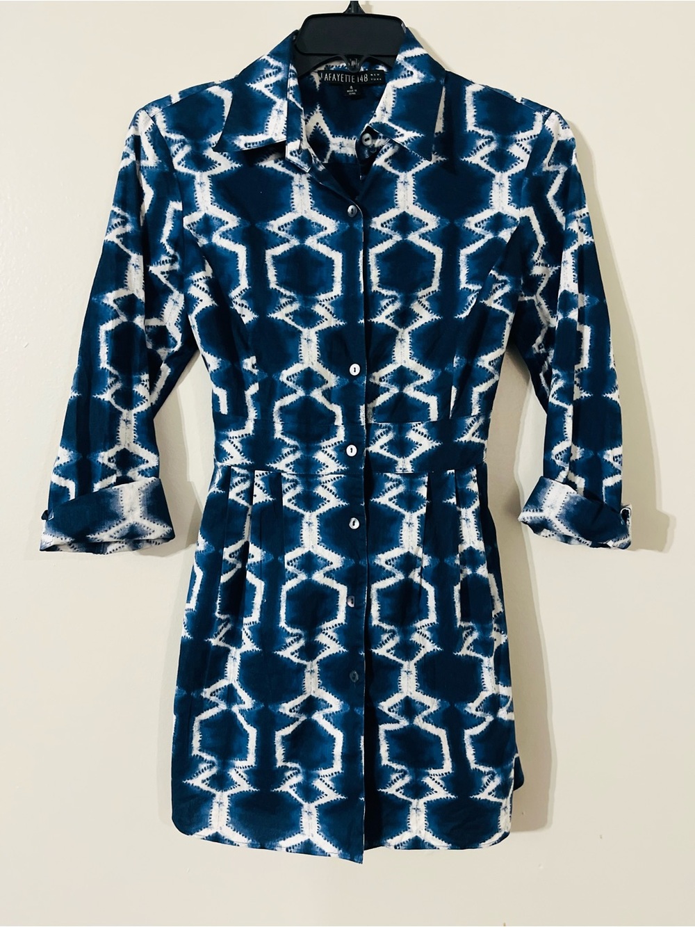 Lafayette 148 Cotton Blue White Batik Print Button Up Shirt Jacket Tie Belt Sz 4 - Picture 2 of 6
